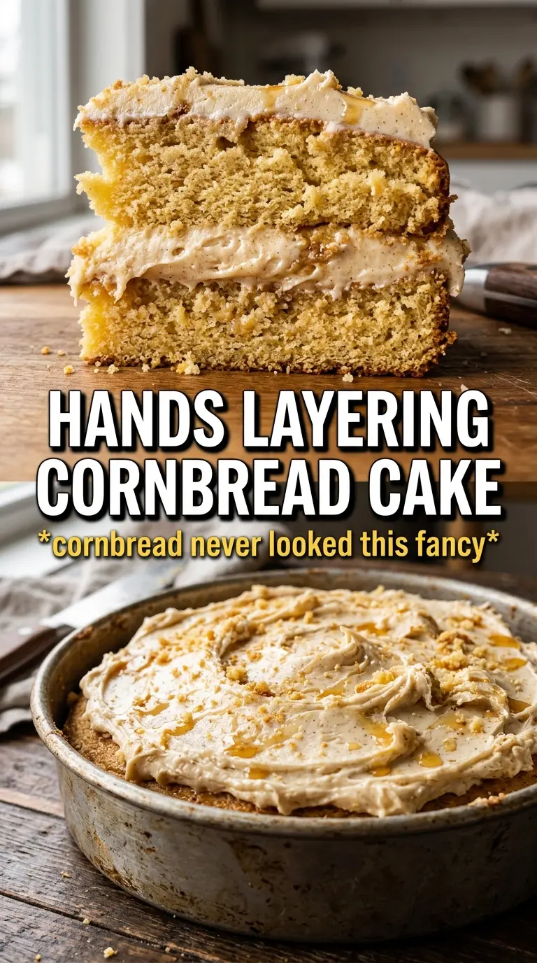 Layered cornbread cake with honey butter frosting, golden, fluffy, drizzled